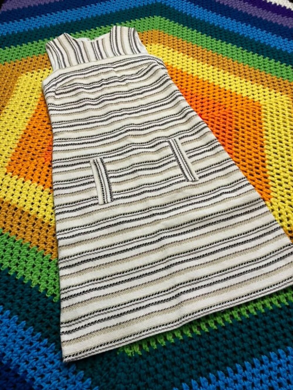 70's Vintage Lanz Original Beige Brown Stripe Mini Sundress Dress